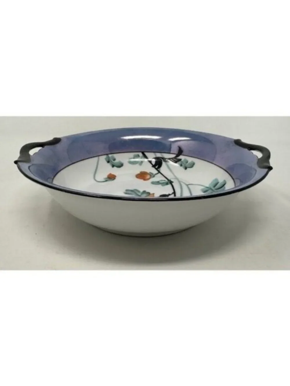 NORITAKE MORIMURA TWO HANDLED SERVING BOWL Floral Art Deco Blue Luster Ware